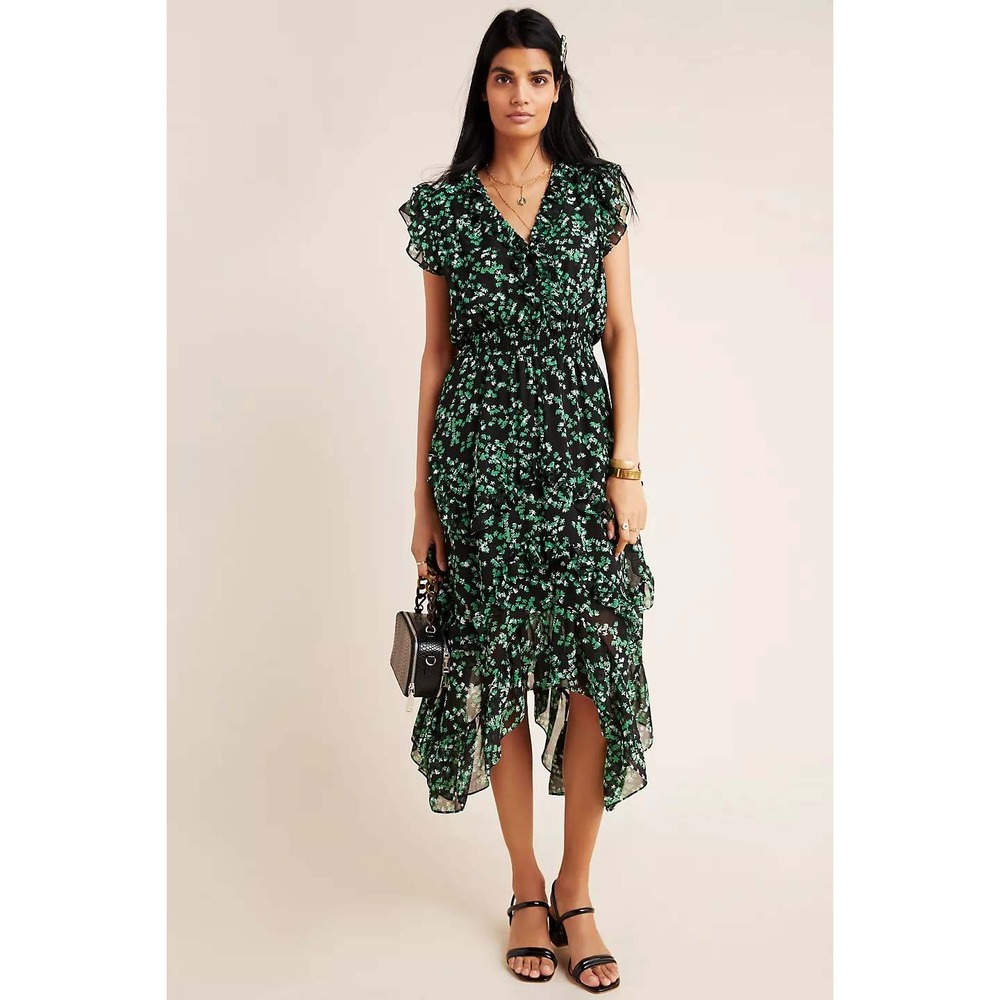MISA Los Angeles Ophelia Floral Midi Dress Green Black Smocked Medium